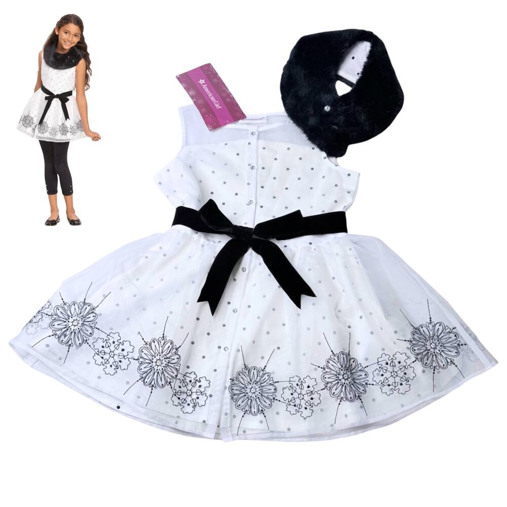 American Girl Let It Snow Tunic Dress Girls 12 Faux Fur Collar Rhinestones White